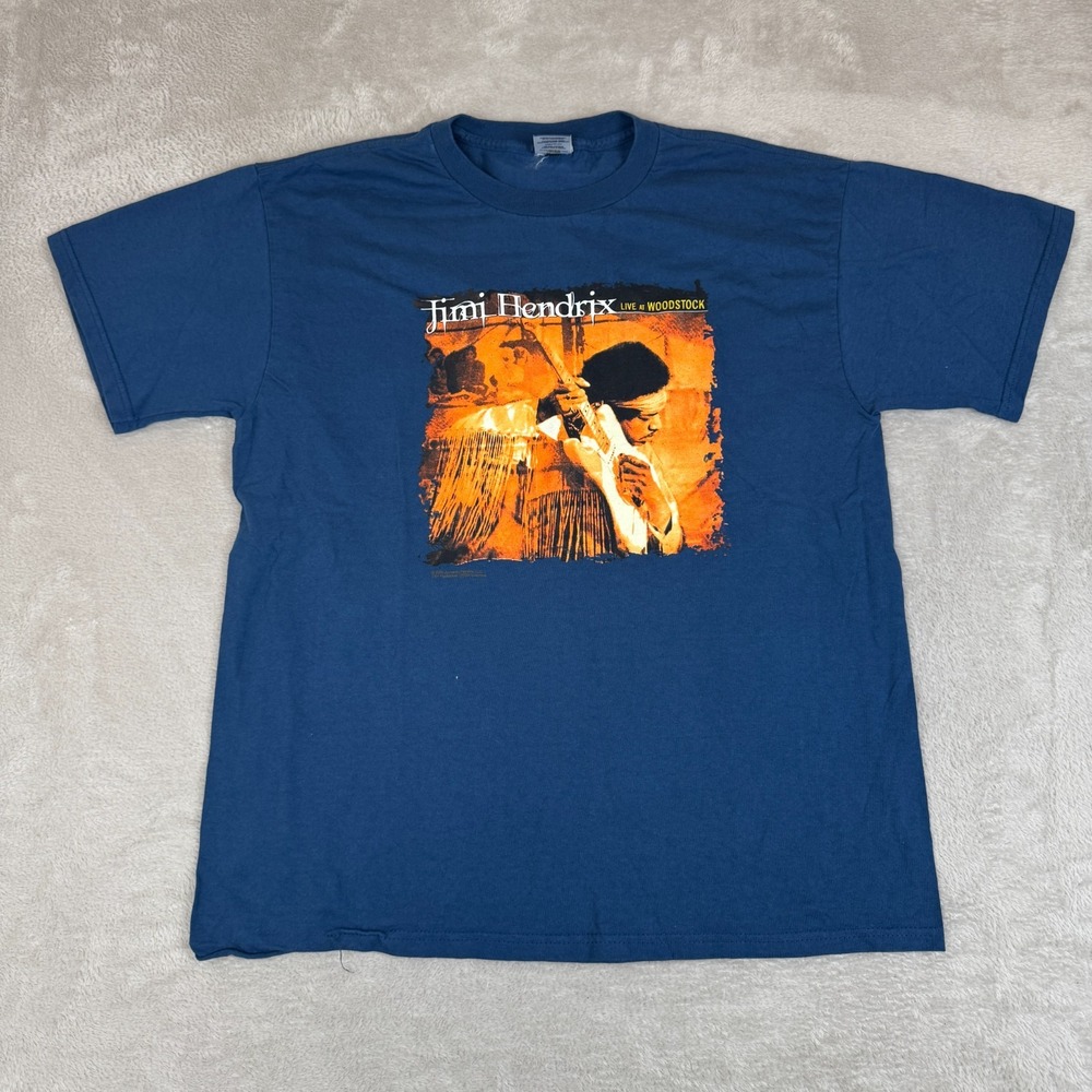 Vintage Y2K Jimi Hendrix Live At Woodstock Shirt Mens Large Blue Preowned Flaws